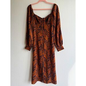 All In Favor Milkmaid Midi Dress in Brown & Navy Blue Tiger Print size M